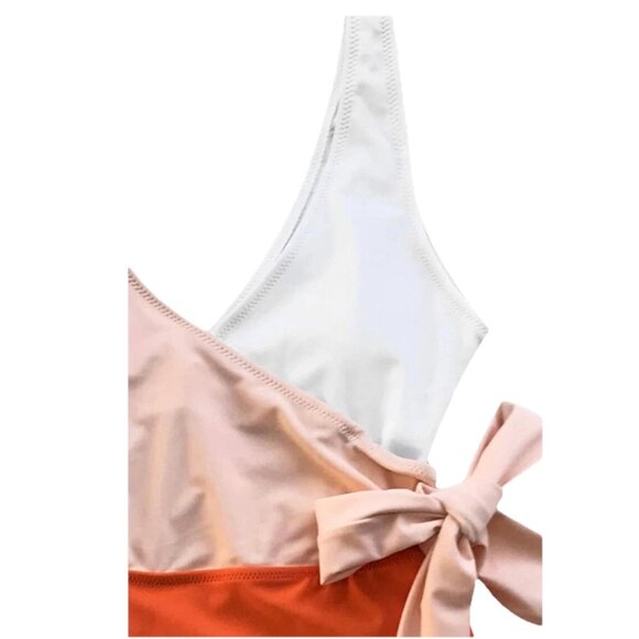 Cupshe Women One Piece Swimsuit Large Color Block V-Neck Wrap Front Tie Cheeky - Picture 5 of 9
